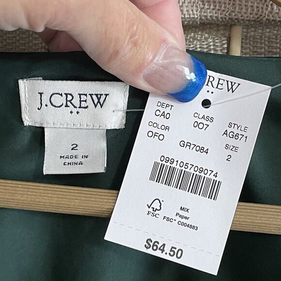 J Crew Satin Crepe Button Front Blouse Size 2 Green Peplum Long Sleeve Lined NEW - Picture 8 of 11